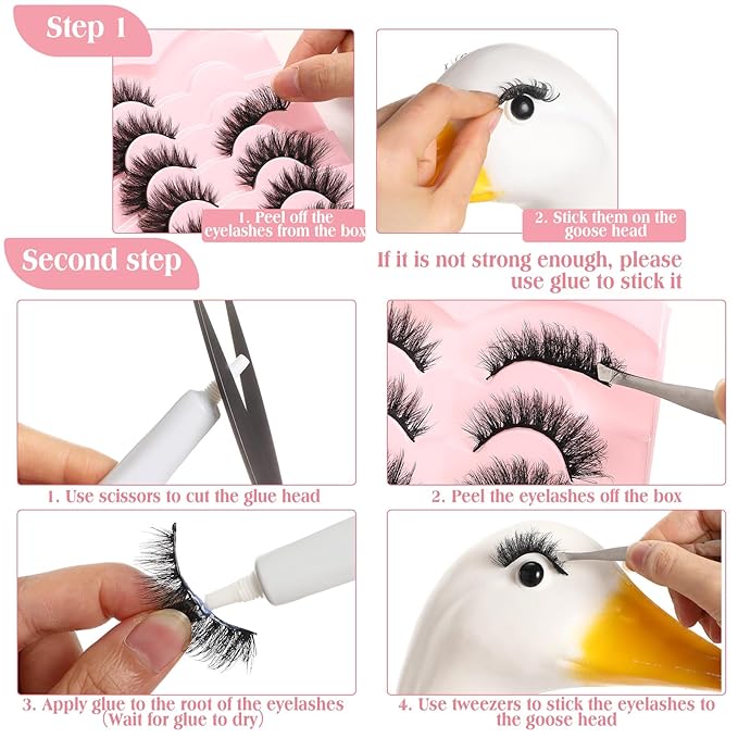 Geelin 7 Pcs Porch Goose Outfit Eyelash for 23/17'' Plastic Lawn Goose Statue Mink Fake Lashes End 3D Salon Eyelashes Reusable for Lawn Patio Art Decoration (Black)