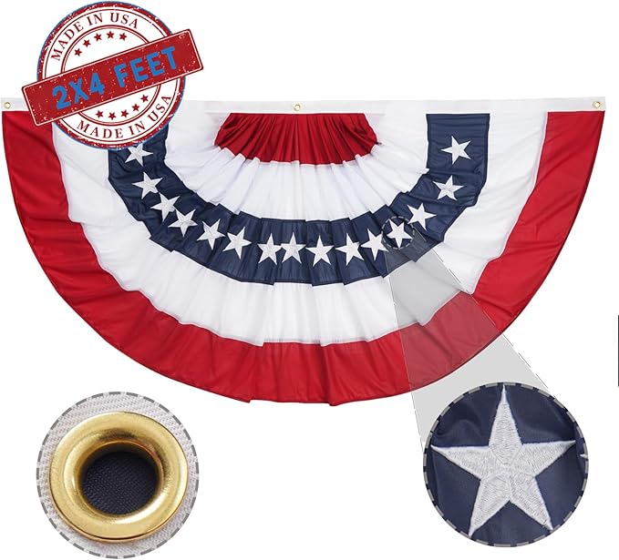ROTERDON American Flags Bunting 2x4 Ft, 4th of July Decorations Outdoor, Red White and Blue Buntings Decorations, USA Patriotic Half Fan Bunting Flag with Embroidered Stars