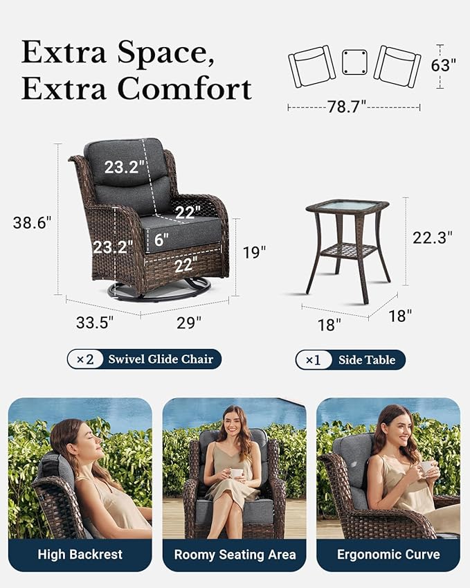 HILLGA Luxury Outdoor Swivel Rocker Patio Chairs of 2 with 6 Inch Thick Cushions and Side Table, Swivel Outdoor Chairs 3PCS High Back Wicker Patio Furniture Set for Porch, Balcony, Deck in Dark Grey
