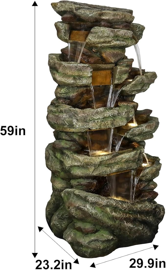 Naturefalls 59inches Outdoor Rock Water Fountain with LED Lights - Multi-Tiers Poly-Resin Cascading Waterfall Fountain for Garden, Patio, Yard, Home Decor