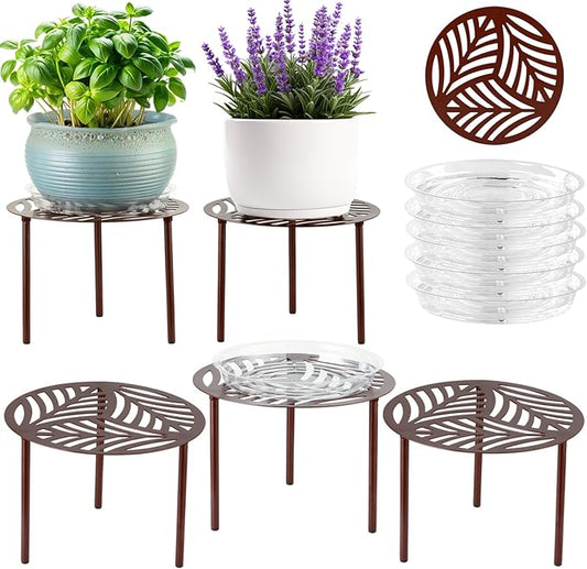 5-Pack 12” Heavy-duty Metal Plant Stands Large Flower Pot Holder for Indoor Outdoor Rust-proof Iron Potted Planter Stand Modern Round Corner Stand Shelf for Living Room Patio Garden Yard, Brown