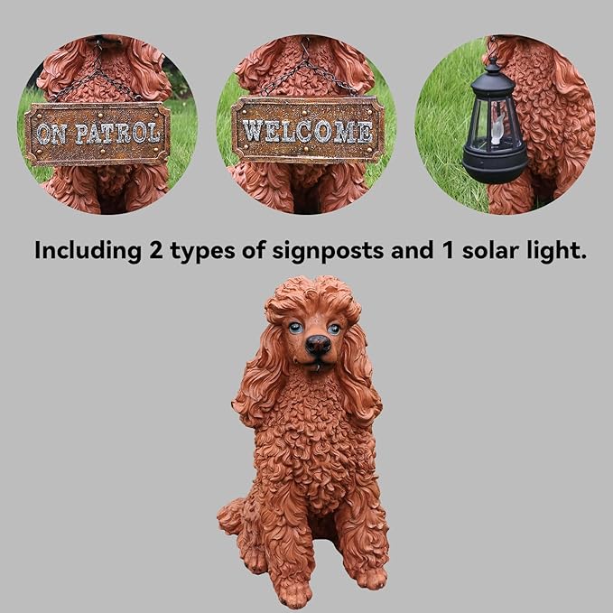 Poodle Outdoor Garden Statue with Double-Sided “Welcome/ON Patrol” Hanging Sign and Solar Lantern, Brown Sitting Dog for Porch, Path & Yard Décor