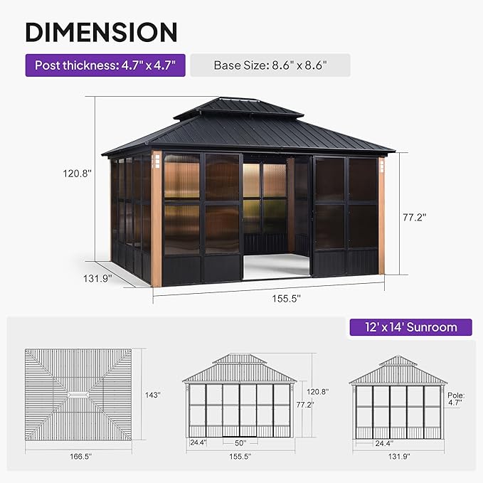 PURPLE LEAF 12' X 14' Sunroom Patio Hardtop Gazebo Double Top Galvanized Steel Screen House Aluminum Sun Room Outdoor Solarium for Garden Backyard