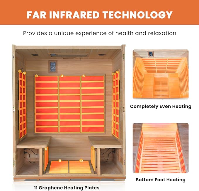 Outdoor Sauna 4 Person Infrared Saunas Outdoor Dry Sauna Room Wood Wooden Sauna Canadian Fir Red Cedar Low EMF 2600W/240V with Oxygen Bar, 7 Color Light, Control Panel, Speaker - 62.2" x 46.9" x 81.9"