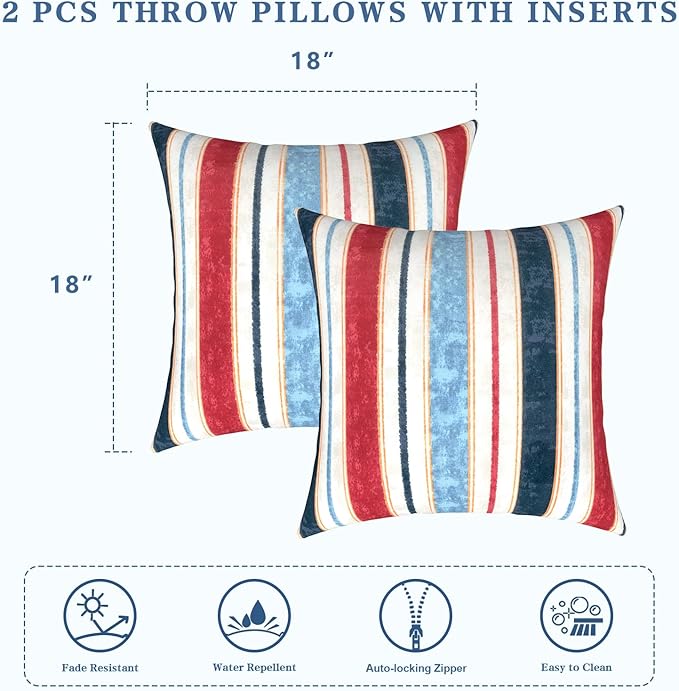 LVTXIII Outdoor/Indoor Throw Pillows, Decorative Throw Pillows with Inserts, 18"x18" Square Pillows for Bed, Couch, Sofa and Patio Furniture, Set of 2, Stripe Red Blue