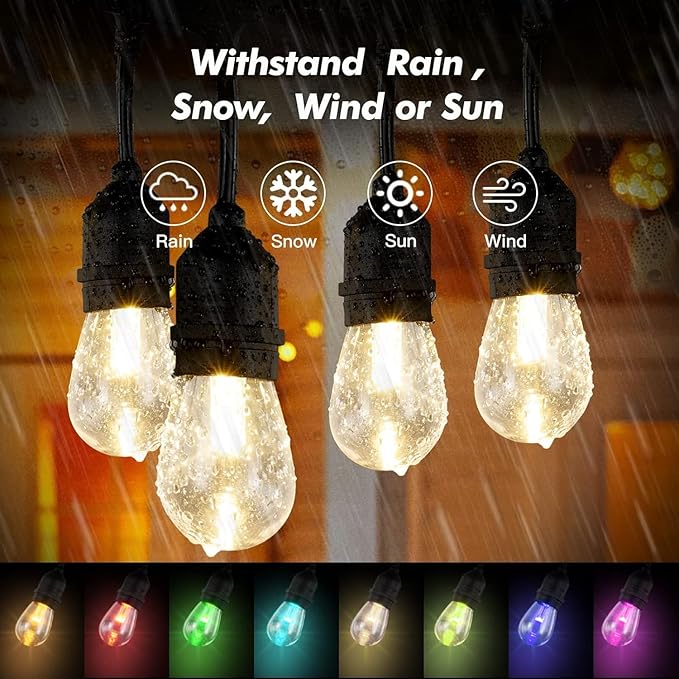 Auroraworld 48FT Solar RGB Outdoor String Lights, Dimmable Waterproof LED Patio Lights with Remote, 15 Shatterproof Bulbs for Garden Party Decor