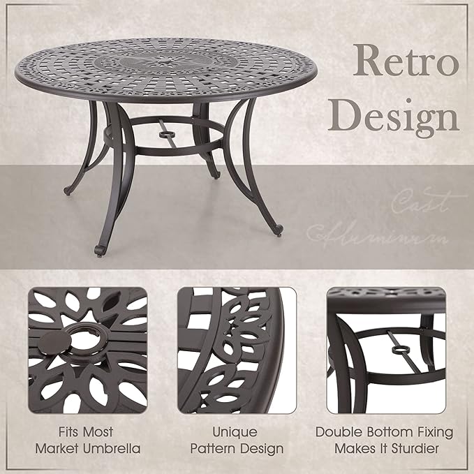 MFSTUDIO Retro Cast Aluminum Patio Dining Set with 6 Swivel & Rock Chair and 1 54" Round Outdoor Dining Table, Outdoor Table and Chairs Set of 6