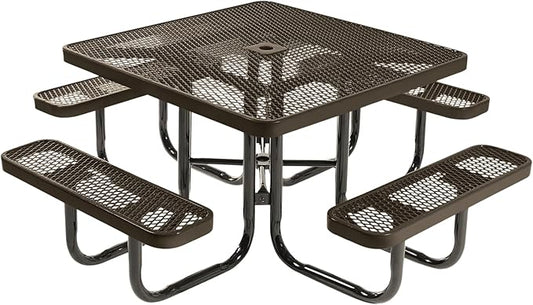COATEDOUTDOORFURNITURE Heavy-Duty Portable Outdoor Picnic Table with Umbrella Hole, Expanded Metal Commercial-Grade Patio Dining Furniture Made in America (46" Square Top, Textured Brown)