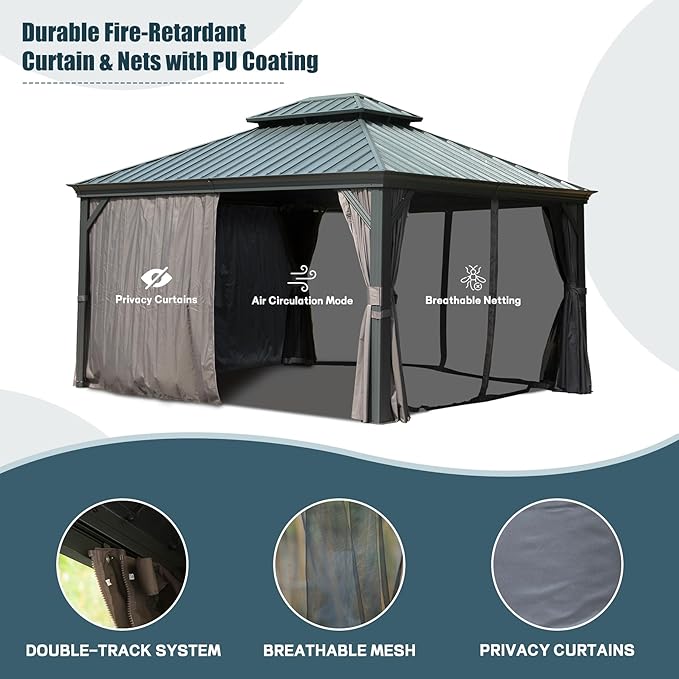 Domi 12' X 14' Hardtop Gazebo Permanent Aluminum Outdoor Gazebo with Galvanized Steel Double Roof, Drainage Gutters, Curtains, and Netting for Party, Wedding, Dining