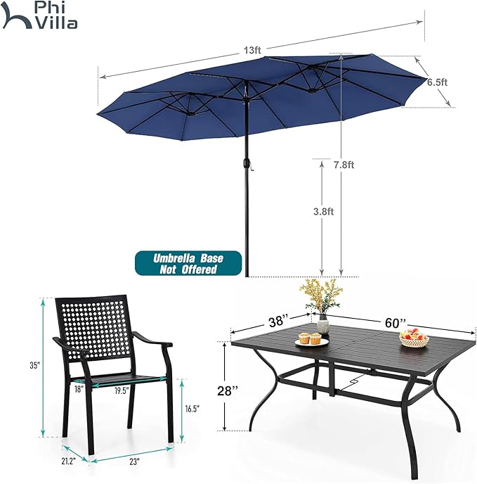 PHI VILLA 7 Pieces Patio Dining Set for 6 with 13ft Large Patio Umbrella, Metal Outdoor Stackable Wrought Iron Chair Set of 6 & 60"X38" Metal Dining Table,Market Table Dark Blue Umbrella