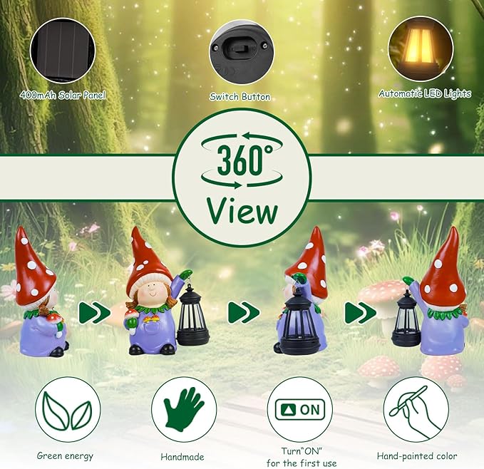 Gnome Statue Garden Ornaments Art Outdoor Decoration with Solar Powered LED Lights Decor for Patio,Balcony,Yard, Mum Birthday Gifts, Garden Gifts for Women