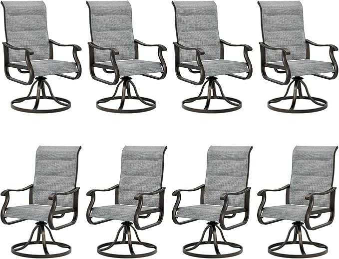 UDPATIO Patio Swivel Dining Chairs Set of 8, Outdoor Swivel Chairs High Back with All Weather Padded Textilene, Metal Rocking Frame for Lawn Garden Backyard, Grey White