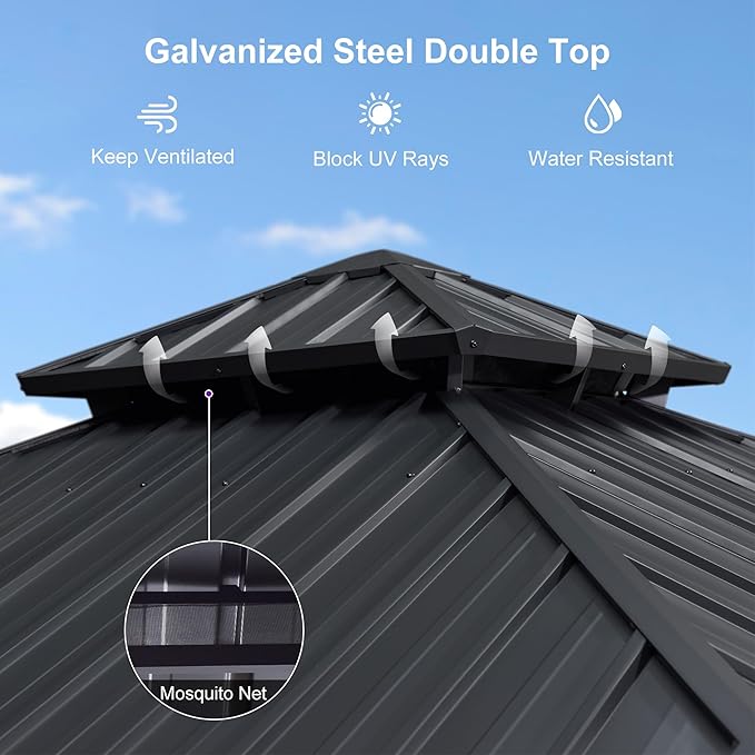 PURPLE LEAF 8' X 8' Outdoor Gazebo Aluminum Permanent Hardtop Gazebo with Galvanized Steel Double Roof for Patio Backyard Deck with Netting and Curtains Grey