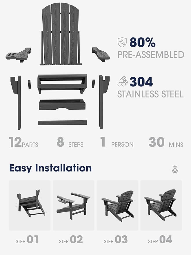 KINGYES Adjustable Folding Adirondack Chair with Footrest & 4-in-1 Multi-Functional Armrest Organizer, HDPE Foldable Reclining Adirondack Chair with Pull-Out Ottoman, Gray