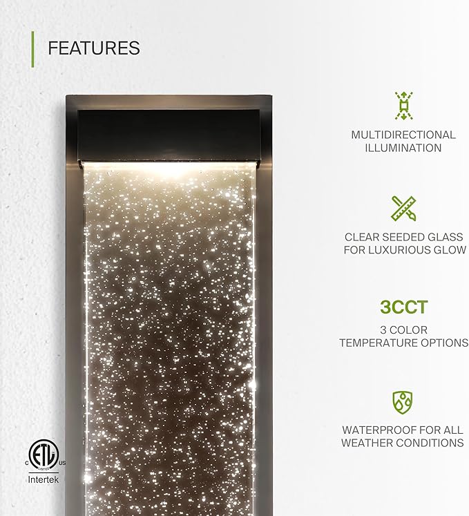 ASD LED 18 Inch Bubble Glass Wall Light Fixture | 22W 520LM 3000K-5000K 100-277V | 3CCT, Waterproof, Dimmable, Up-Down Glow, ETL Listed | Exterior Flush Mount Sconce, Outdoor-Indoor Lighting | Black