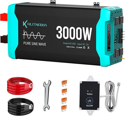 3000W Pure Sine Wave Inverter 12V DC to 120V AC for RV, Truck, Off-Grid, Home, Solar Car Power Inverter with Dual AC Hardwire Port, 20A Socket, 5V 2.1A USB