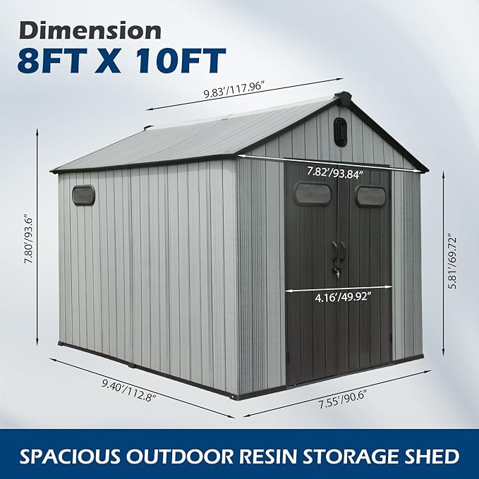 Domi 8×10ft Outdoor Resin Storage Shed - 482+ Cubic Ft Weatherproof Double-Wall Yard Shed with Skylight, Lockable Door and Carpet, Heavy-Duty Steel Frame Storage Building for Lawn Mower, Bike, Tools