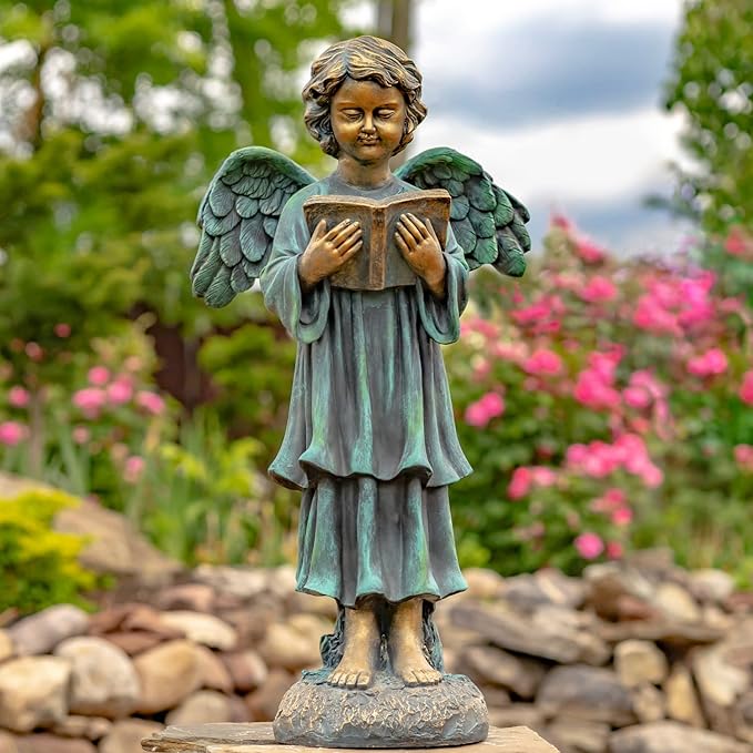 Zaer Ltd. 39" Tall Magnesium Angel Statue Figurines for Outdoor and Indoor Use (Reading a Book Symone, Aged Bronze)