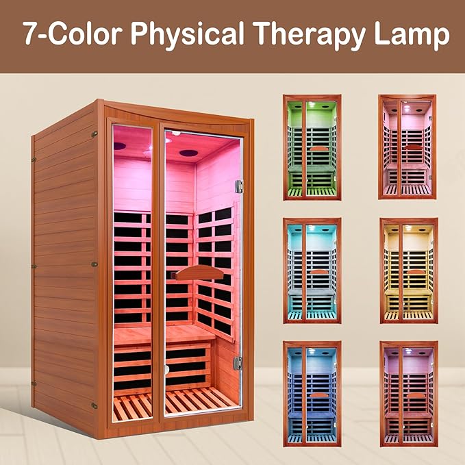 Home Far-Infrared Sauna Cabin - for 1-2 Persons Low Electromagnetic Radiation 1550W Indoor Spa Room Featuring Multicoloured Lighting Bluetooth Speaker and Control Panel