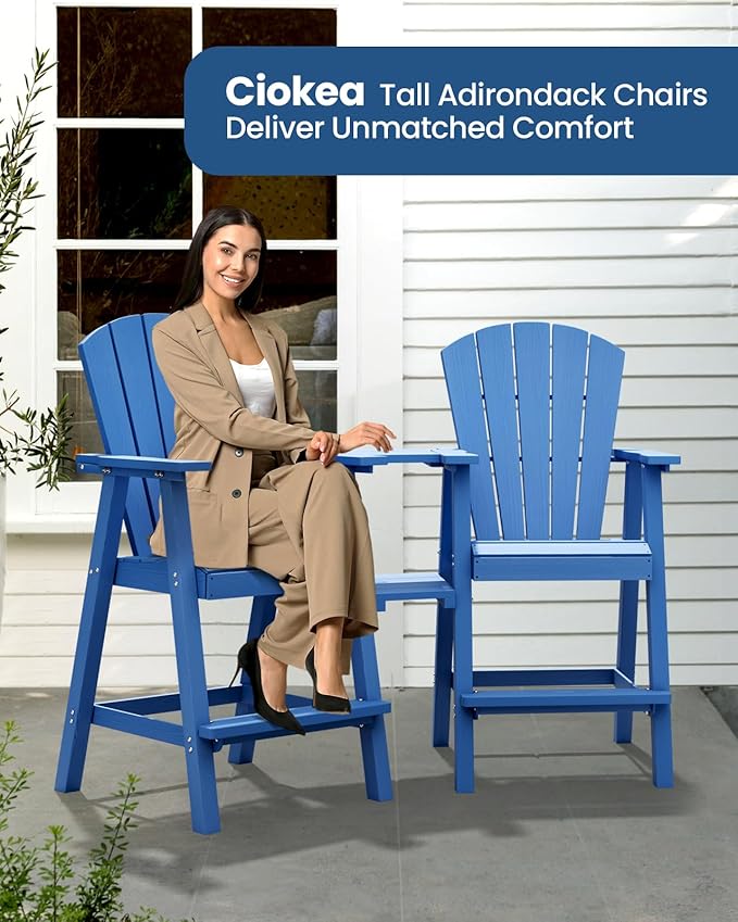 Ciokea Tall Adirondack Chairs Set of 2, HDPE Outdoor High Back Adirondack Chair with Double Connecting Tray, Weather Resistant Balcony Chairs for Deck, Lawn, Pool, Backyard, Navy Blue