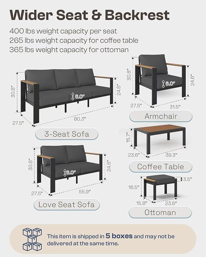 Aluminum Outdoor Patio Furniture Set with Coffee Table, 7 Piece Patio Conversation Sets with Thick Cushion, Ottomans, Outdoor Sectional Furniture Set for Porch, Balcony, Deck, Yard, Graphite