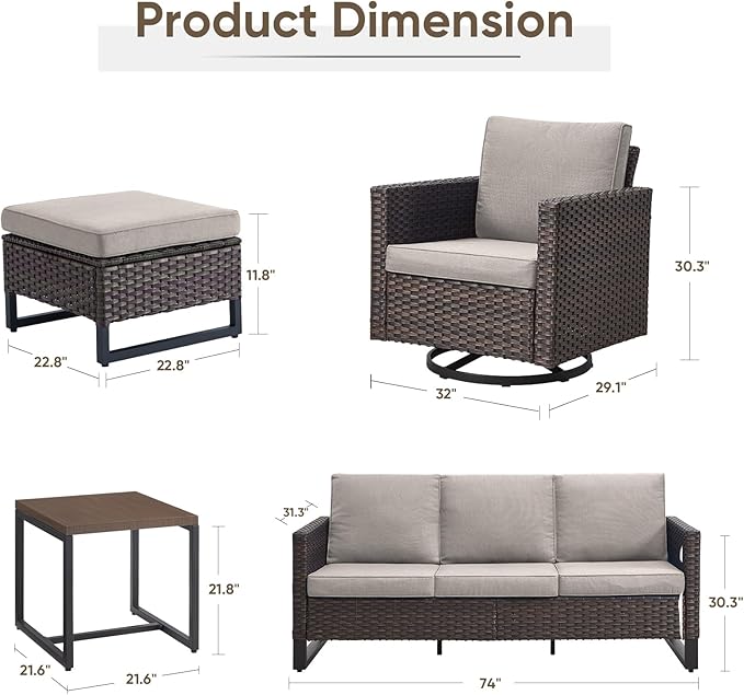 Wicker Patio Furniture Set, 6 PCS Outdoor Patio Furniture Set with Swivel Chairs, Includes 2 Swivel Patio Chairs, 1 Outdoor Couch, 1Side Table and 2 Ottoman, Brown/Beige