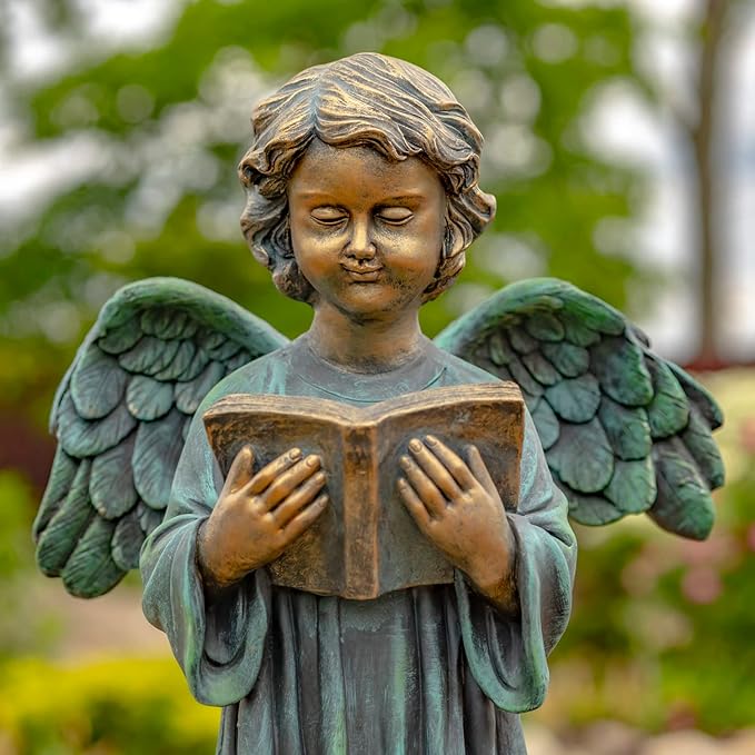 Zaer Ltd. 39" Tall Magnesium Angel Statue Figurines for Outdoor and Indoor Use (Reading a Book Symone, Aged Bronze)