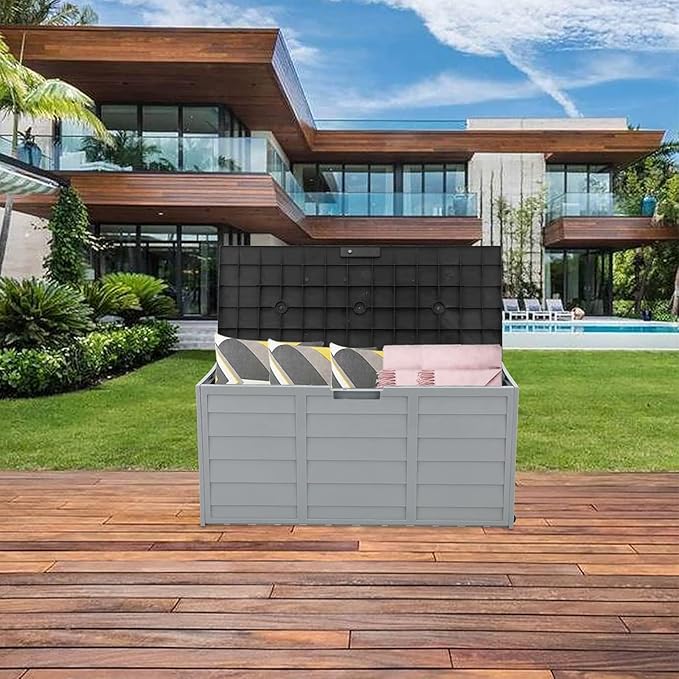 75 Gallon Resin Deck Box, Waterproof Outdoor Storage Box with Wheels, Lockable Lid and Handles, Large Deck Storage for Outdoor Gear, Patio Furniture Cushion, Gardening Tools, Black
