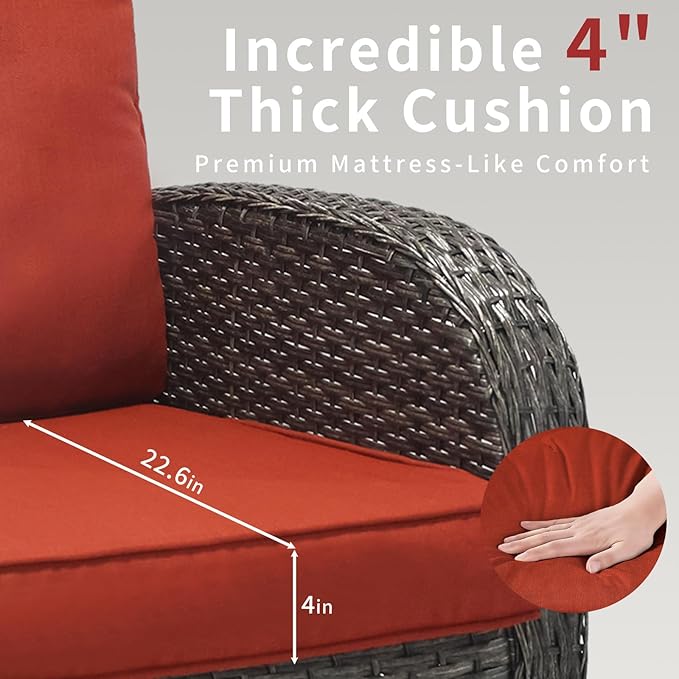 3 Pieces Patio Furniture Set, Outdoor Swivel Rocking Chair Set of 2 with Side Table - 360° Swivel, Thick Cushions, All-Weather Bistro Set for Deck, Porch, Pool(Wine Red, Grey Full-Weave Rattan)