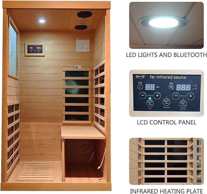 Infrared Sauna, 1 Person Infrared Sauna, Low EMF Indoor Sauna, Far Infrared Saunas for Home, 1050W,Canadian Hemlock,Smart Display,Bluetooth,Reading Lamp