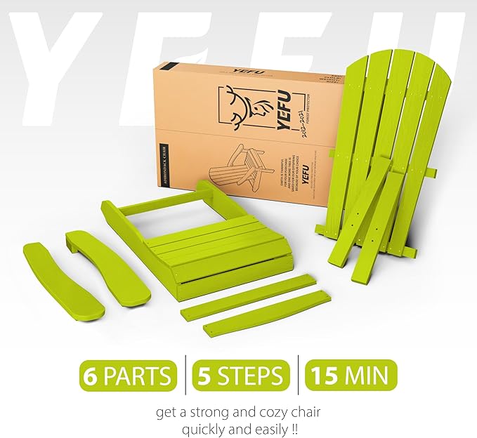 YEFU Adirondack Chairs Set of 6: Plastic Adirondack Chairs - Patio Chairs with Wood Texture - Outdoor Chair HIPS - Lawn Fire Pit Deck Porch Garden Chairs for Adults(Kelly Green)