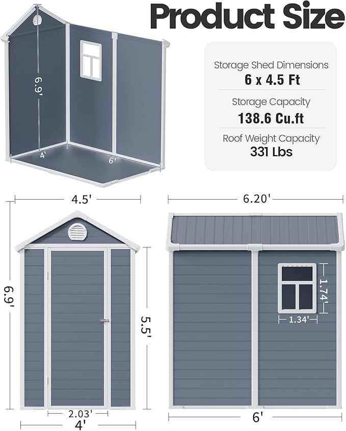 6x4.5 FT Plastic Sheds & Outdoor Storage, UV Resistant Storage Sheds Outdoor with Floor and Window, All-Weather Garden Resin Tool Shed for Lawn Mower, Yard Tools, Bike, Dark Gray
