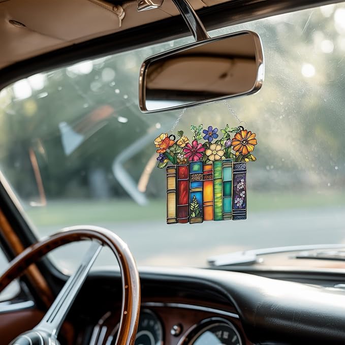 Flower and Books Bookish Acrylic Suncatcher Stained Glass Effect Window Car Hanging Christmas Ornament Indoor Outdoor Decor Garden Bookworm Sun Catcher Book Lover for Women Mom Grandma