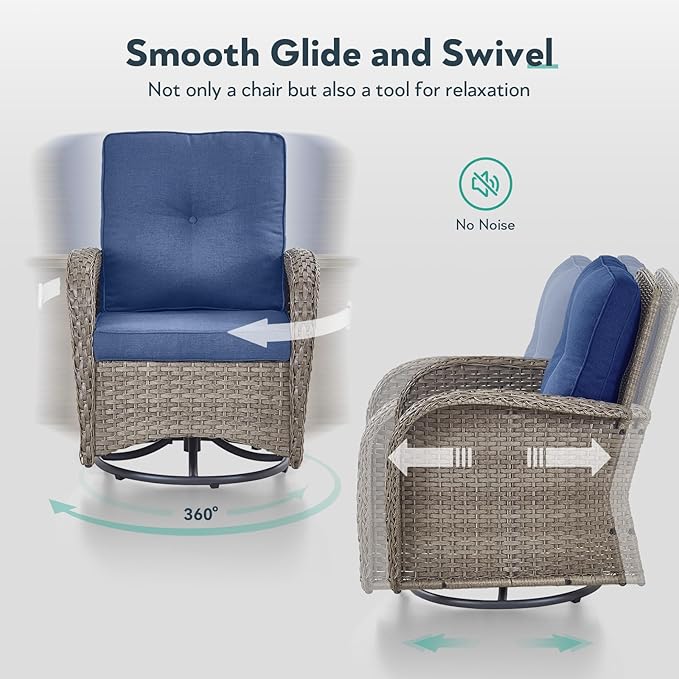 5 Piece Patio Furniture Set with Fire Pit Table - Wicker Patio Conversation Set with Swivel Glider, Glider Loveseat, Tempered Glass Side Table for Deck Backyard - Grey Wicker Blue Cushion