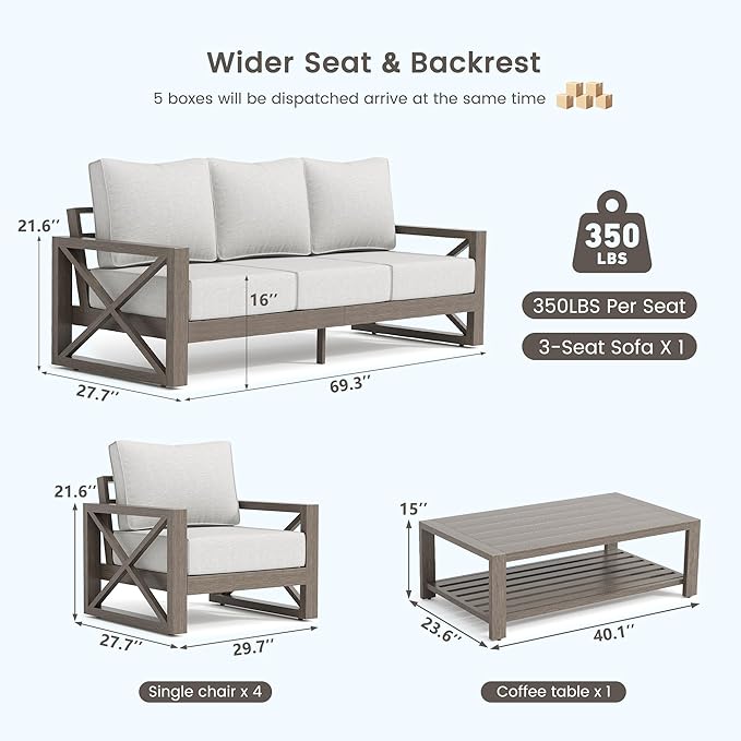 UDPATIO 4 Piece Faux Wood Aluminum Patio Furniture Set Modern Outdoor Furniture Patio Conversation Sets with Coffee Table for Balcony, Backyard, 600D Waterproof Cover Included, Light Grey