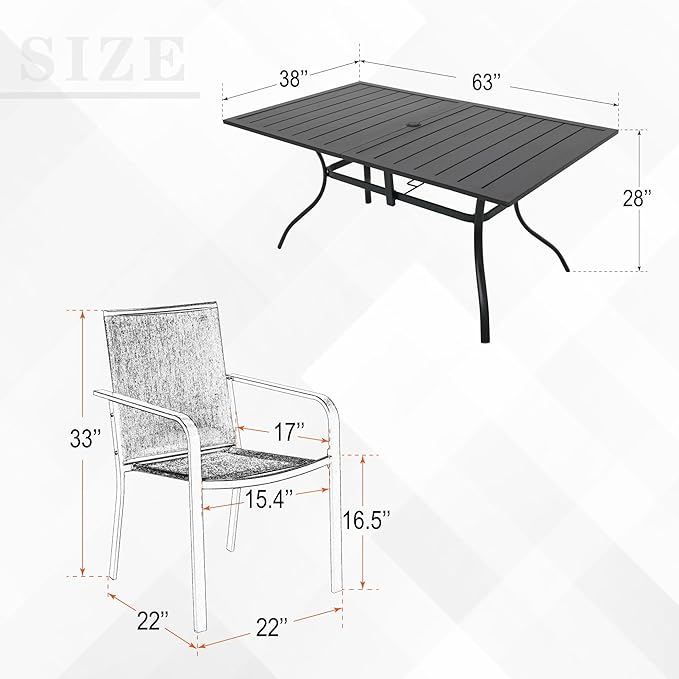 7-Piece Outdoor Patio Dining Set, 6 Stackable Patio Outoor Chairs & Rectangular Dining Table with All Weather Frame Furniture Set - Brown Tan