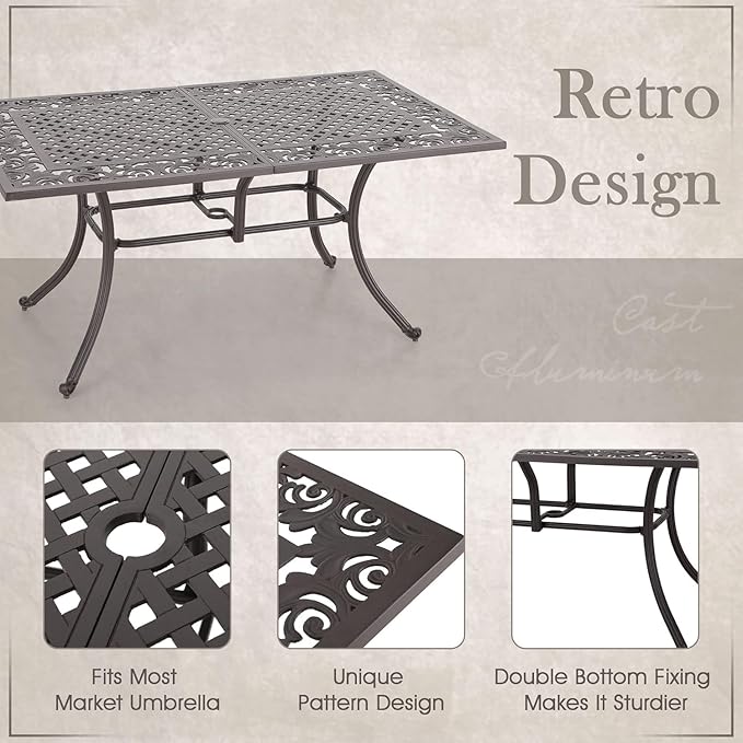 MFSTUDIO 7 Pieces Cast Aluminum Patio Dining Set, Retro Design Outdoor Table and Chairs Set with 6×Swivel & Rock Chair and 1×63" Rectangular Outdoor Dining Table