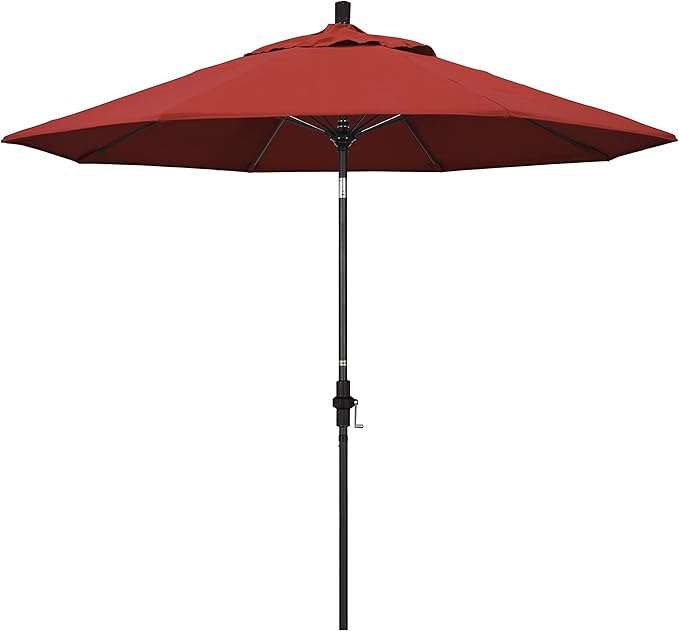 California Umbrella 9' Round Aluminum Pole Fiberglass Rib Patio Umbrella, Crank Lift, Collar Tilt, Black Pole, Red