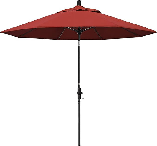 California Umbrella 9' Round Aluminum Pole Fiberglass Rib Patio Umbrella, Crank Lift, Collar Tilt, Black Pole, Red