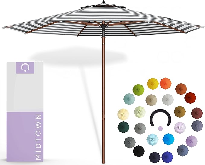 Midtown Umbrellas The Wooden 8 Feet Patio Umbrella With Terylast Zebra (Black/White Stripes) Polyester Fabric - Aluminum Frame Market Umbrella For Backyard, Deck, Garden, Pool - Wooden Pole