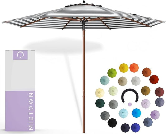 Midtown Umbrellas The Wooden 8 Feet Patio Umbrella With Terylast Zebra (Black/White Stripes) Polyester Fabric - Aluminum Frame Market Umbrella For Backyard, Deck, Garden, Pool - Wooden Pole
