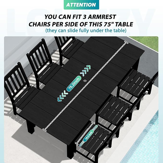 LOUNZY 9 Pieces Patio Dining Sets,Outdoor HDPE Furniture Set for 8 w/ 2" Hole Cut-Out Dining Table with 8 Patio Chairs(2 W/Armrest, 6 w/o Armrest),Black