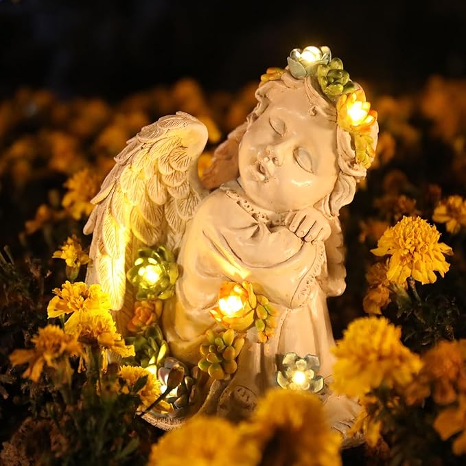 Solar Cherub Angel Outdoor Garden Decor Statues - 8 inches Angel Figurines Outdoor Sculptures with Succulent, Garden Statues for Outside, Patio, Balcony, Lawn Ornaments or Housewarming Gift