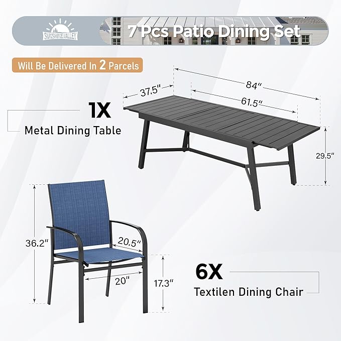 Outdoor Dining Chairs Blue Set of 6,61.4x37.4x29.5” Rectangular Dining Table（Extendable）,Patio Dining Set 7 PCS,Patio Dining Set for Outdoor Kitchen Lawn Garden,Bistro,Deck.
