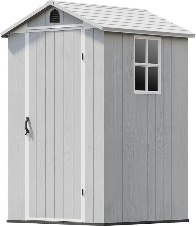 Patiowell 4 x 4 FT Plastic Outdoor Storage Shed with Floor, Garden Tool Shed with Two Windows and Single Lockable Door for Garden, Backyard, Lawn, Easy to Install, Light Grey(Fit-it Shed)