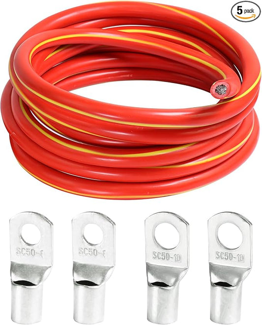 2 Gauge Battery Welding Cable (Red, 5 Feet) - Copper Clad Aluminum Power Wire with SC Cable Lug Ends in M8 & M10 Lugs for Car, Camper, RV, Solar Low Voltage Wiring