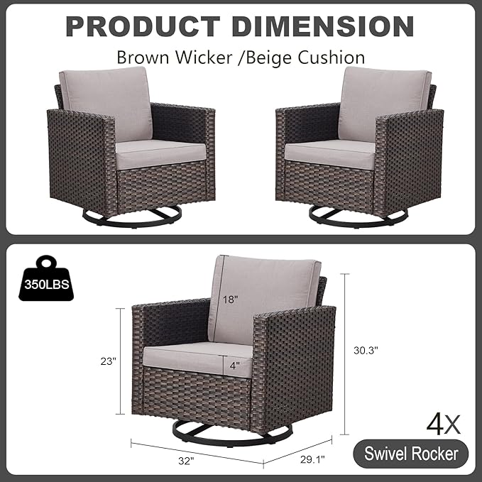 Luxury Outdoor Swivel Patio Chairs Set of 4, Wicker Swivel Outdoor Chairs Set of 4, 4 Piece Patio Furniture Set for Porch, Deck, Sunroom, Yard, Poolside, Brown/Beige