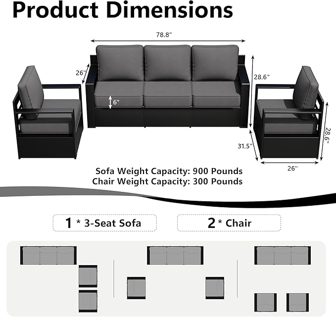 Outdoor Patio Furniture Set, 3-Piece Aluminum Patio Conversation Set All-Weather Metal Outdoor Sectional with 6 Inch Thick Cushions, Deep Setting for Garden, Outside and Porch