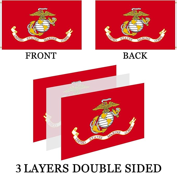 US Marine Corps USMC Flag Outdoor 3x5 Double Sided- 3Ply Heavy Duty 240D Nylon(All Weather)- United States Marine Corps Flag- 2 Brass Grommets & 4 Rows Stitched