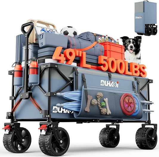 49" L Collapsible Extended Wagon with 500lbs Weight Capacity,300L Heavy Duty Sports Wagon,Big All-Terrian Wheels with Cup Holders,Cart for Sports,Grocery,Shopping(LightBlue)
